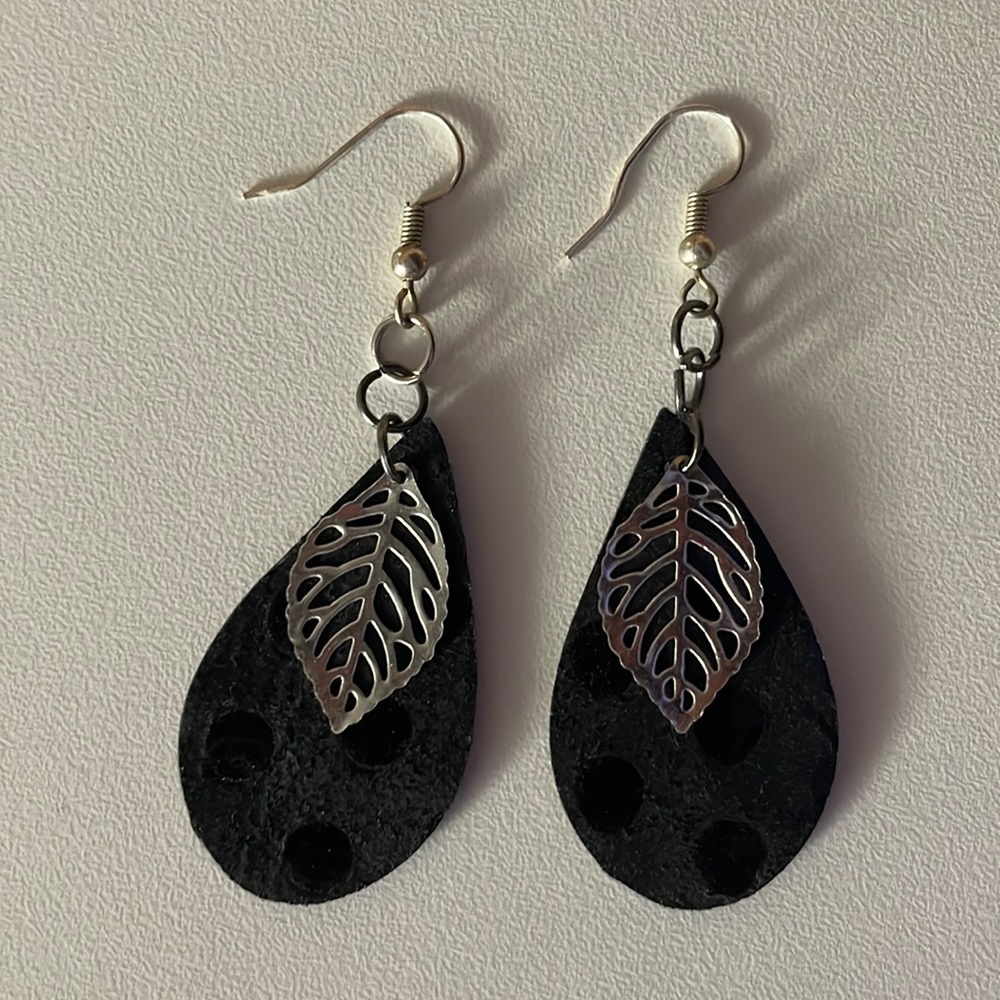 Faux leather earrings. Black polka dot feather earrings. Light weight.